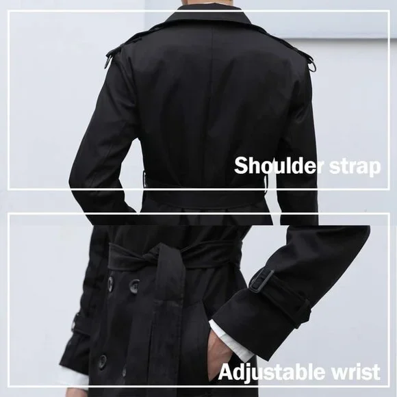 💫 Men Black Long Trench Coat Oversized Casual windbreaker Double Breasted Coat - Picture 6 of 7
